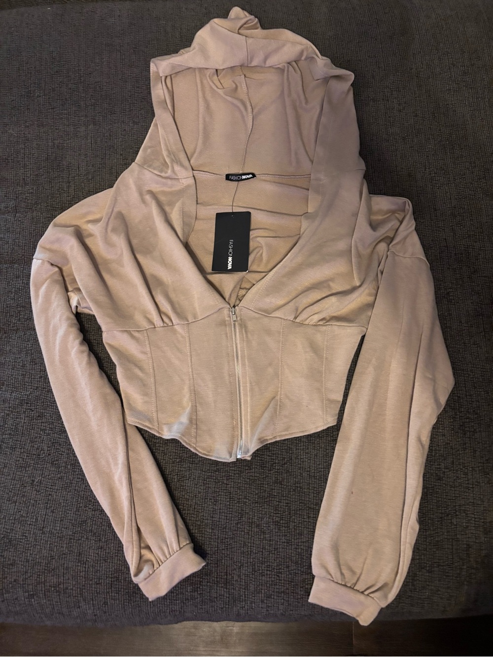 Fashion Nova Taupe Cropped Hoodie — Neutral Zip Top